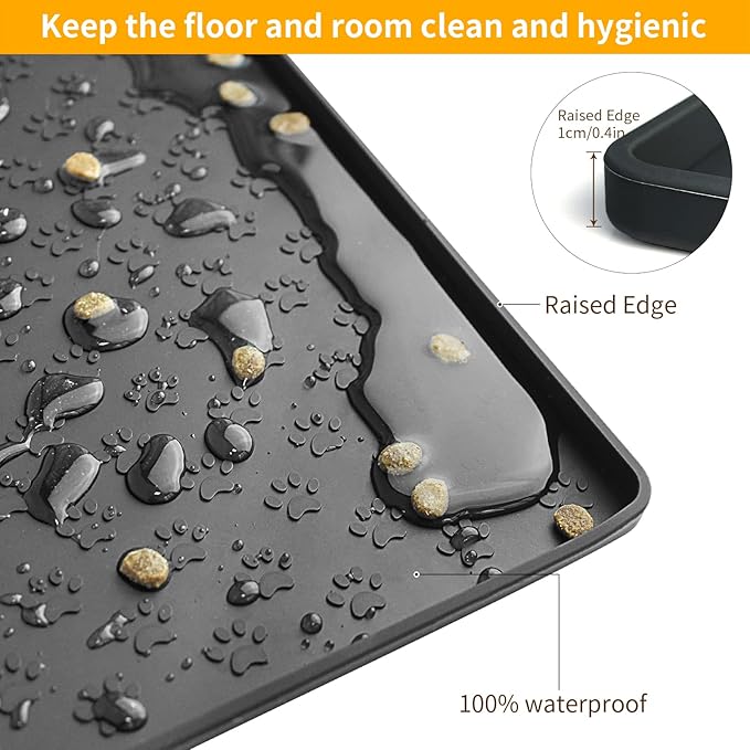 Ptlom Pet Placemat for Dog and Cat, Mat for Prevent Food and Water Overflow, Suitable for Small, Medium and Big Pet, 18" 12", Black, Silicone