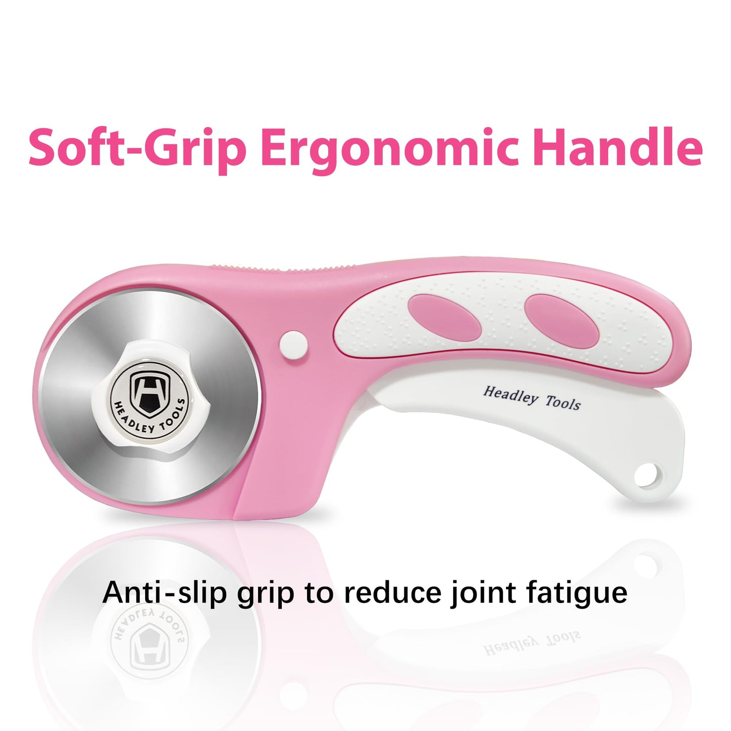 Headley Tools Rotary Cutter 60mm Upgraded with Bearing Design for Smoother and deeper cutting, Ergonomic Handle Rolling Cutter with Safety Lock for Fabric, Fabric, Leather, Crafting, Sewing, Pink