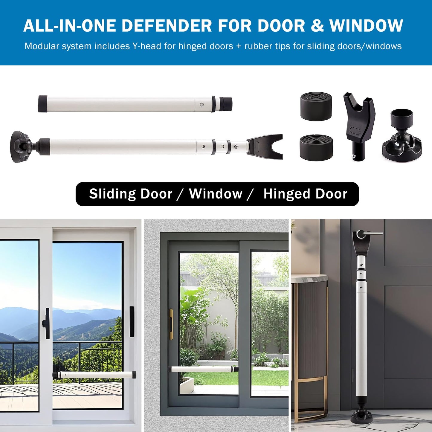 Heavy Duty Sliding Door Security Bar, Adjustable 23"-47" Security Window Stopper Jammer for Home & Travel, Door Lock Stick Bar with Anti-Slip 360° Base Fits All Floors, Hotel/Apartment Safety Device