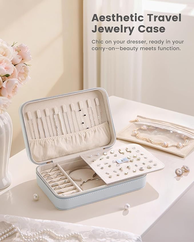 Lolalet Travel Jewelry Case for Women Girls, Travel Jewelry Organizer with Clear Storage Bag Small Portable Jewelry Box for Necklace Bracelet Earring Ring Birthday Bridesmaid Gifts -Large/Blue