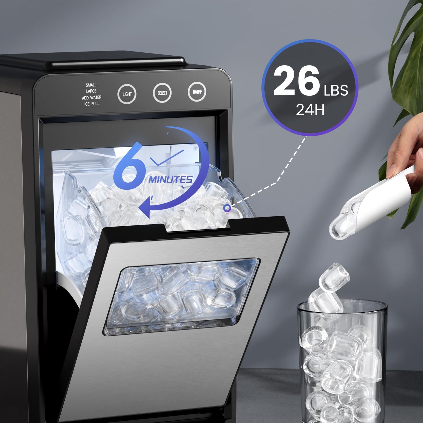 Electactic Ice Makers Countertop,26Lbs/24H,8Pcs in 6Mins,Portable Ice Maker Machine with Self-Cleaning,Interior Lighting,2 Sizes of Bullet Ice for Home/Office/Party(Stainless Steel)