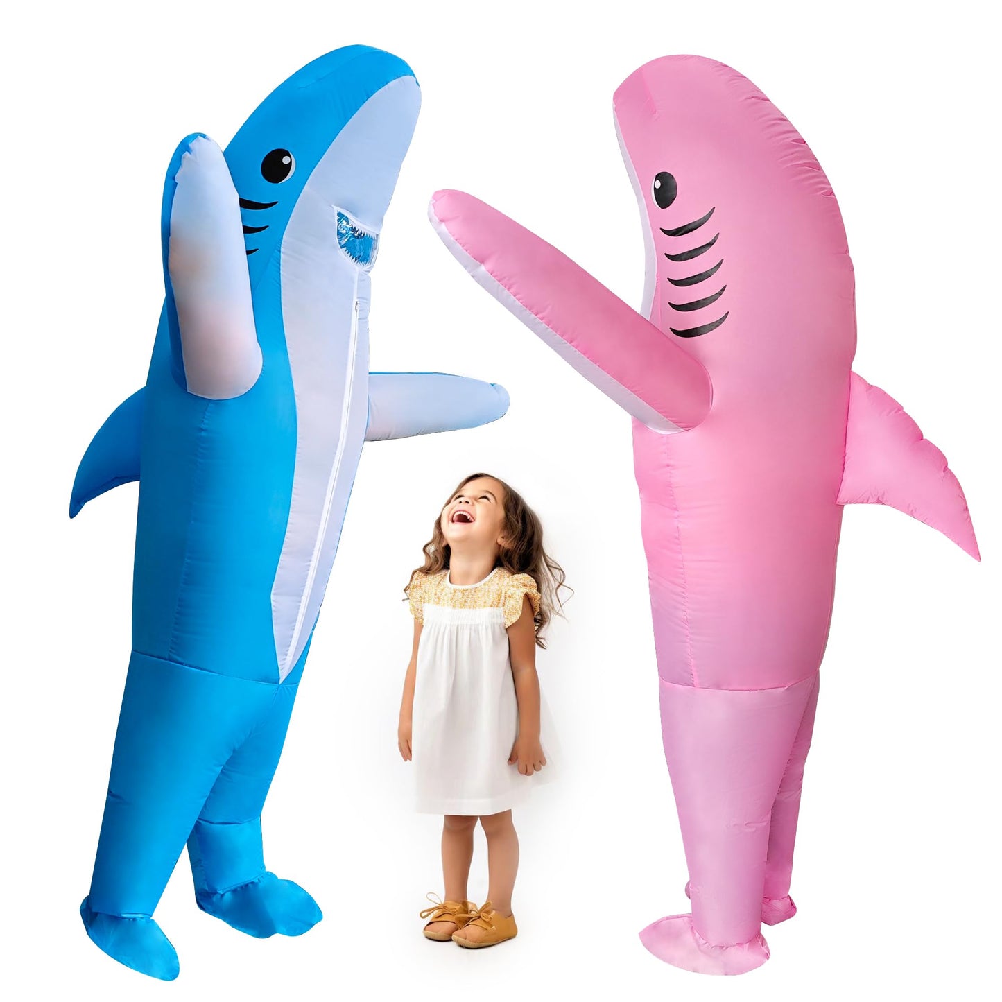 DeHasion 2 Packs Inflatable Animal Costume Halloween Costume Christmas Blow-Up Costume for Adult/Christmas/Birthday Party (Blue/Pink Shark)