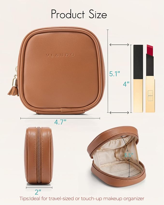 VLANDO Mini Makeup Bag, Small Makeup Bag for Purse with Slip-in Pockets, Portable Travel Toiletry Bag with Zipper, Waterproof Travel Essentials for Women-Dark Brown