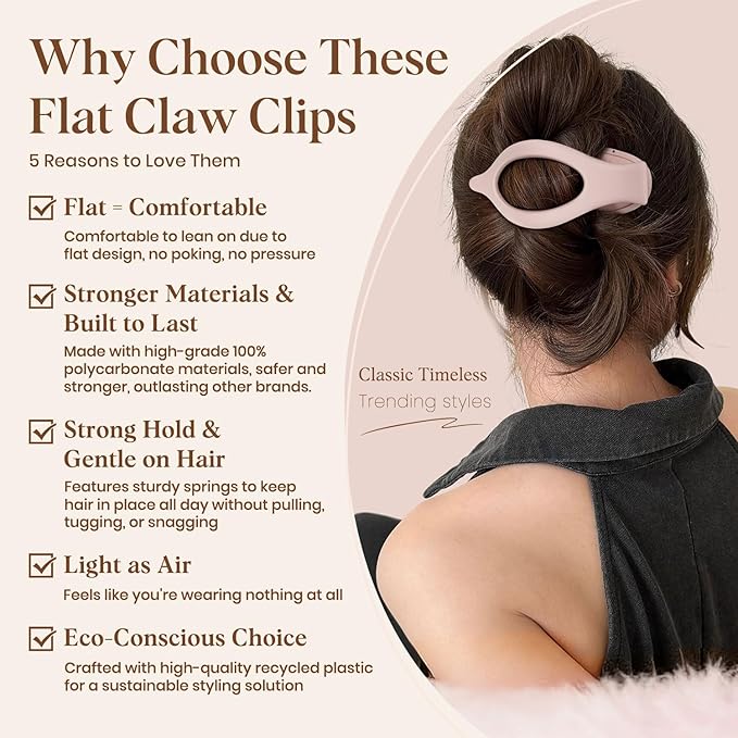 6 PCS Large Flat Hair Clips for Women Girls, French Concord Lay Down Flat Claw Clips for Thick Thin Hair, Comfortable Curved Hair Clip, Matte Non-slip Strong Hold Hair Accessories, Neutral