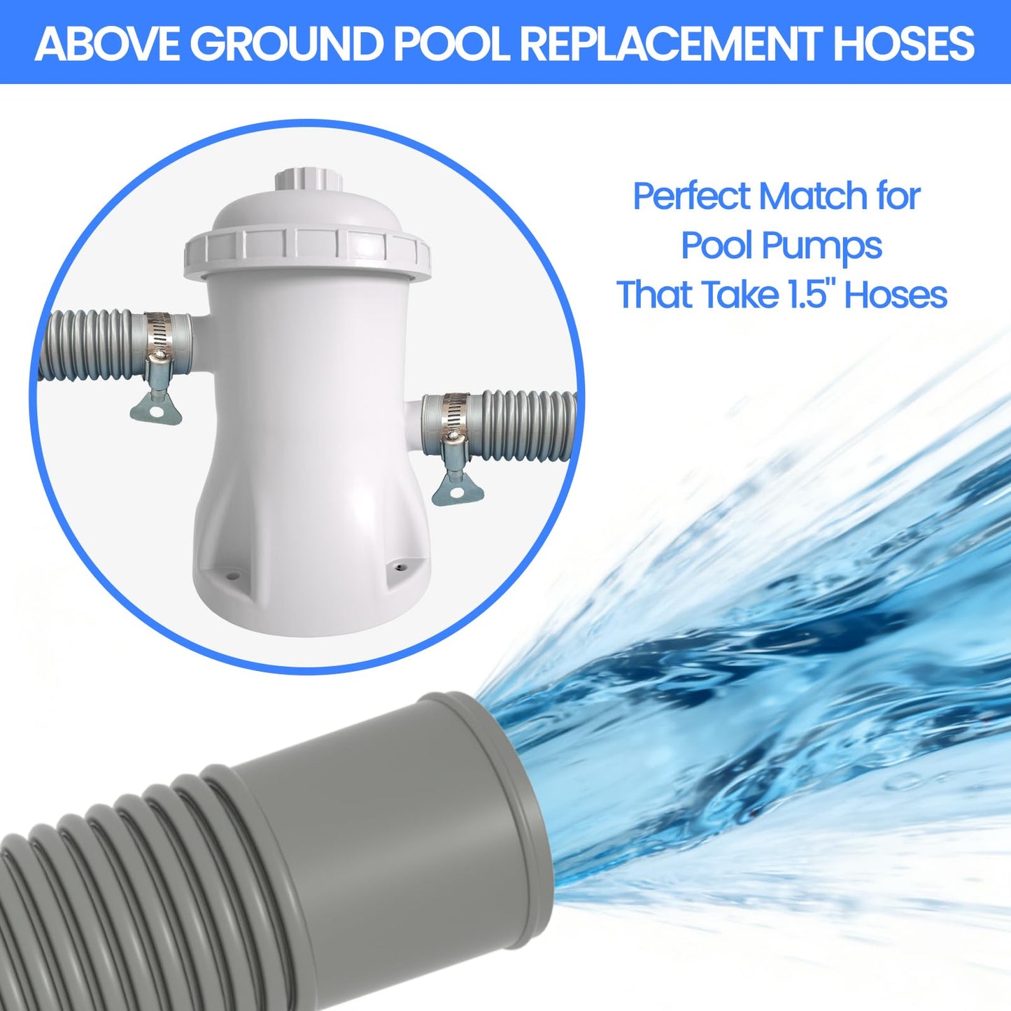 Poolvio 1.5" x 59" Above Ground Pool Hoses, 3-Pack, Gray- Heavy Duty UV Resistant Leak-Proof Replacement Hoses with 6 Metal Thumb Clamps, Perfectly Fits Intex Filter Pumps & Pool Surface Skimmers