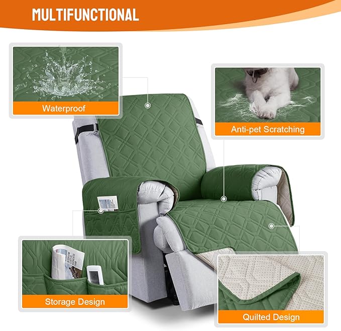 VANSOFY 100% Waterproof Recliner Chair Covers, Recliner Cover Non-Slip Dog Chair Cover Furniture Protector Washable Slipcover with Pocket, Elastic Straps for Pets, Dogs(Vine Green, 25")