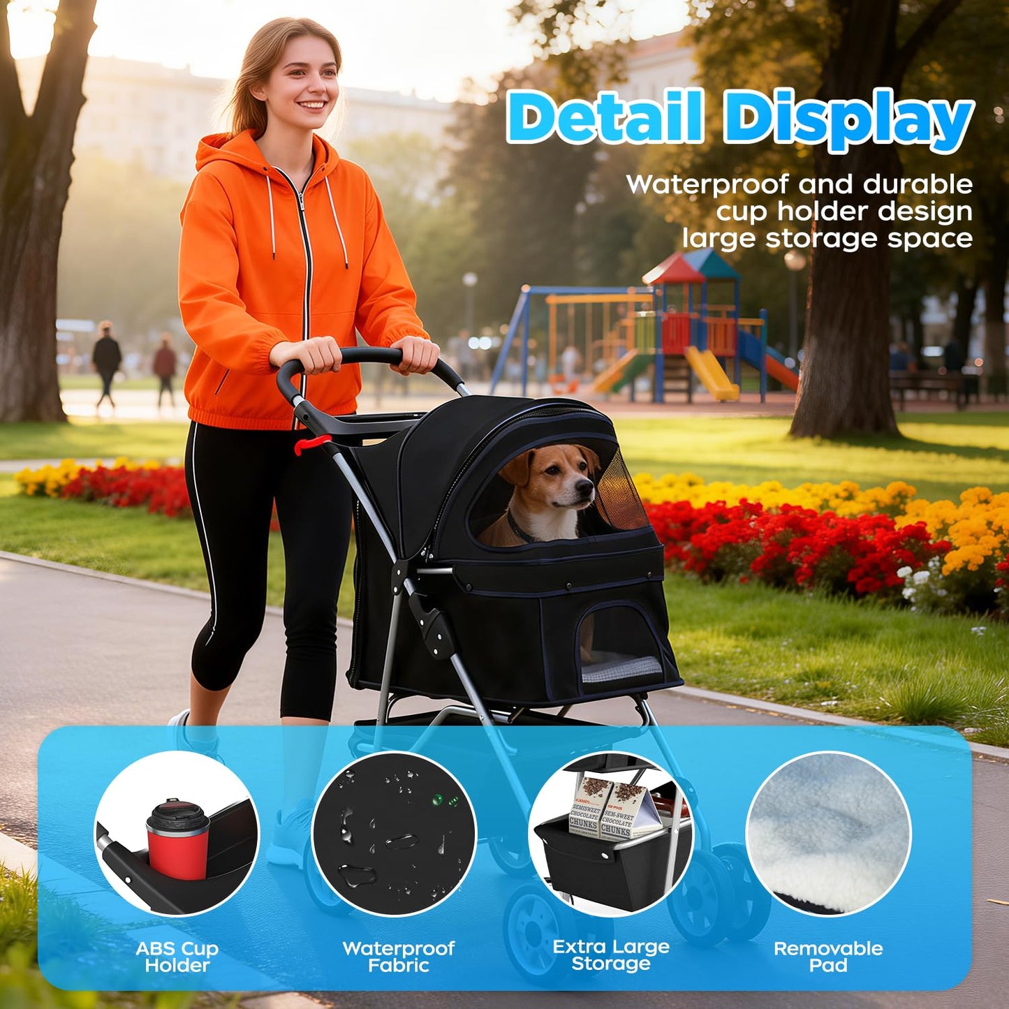 BestOffice Pet Stroller for Small Medium Dogs & Cats, 4-Wheel Foldable Dog Stroller with Cup Holder, Lightweight Travel Carrier, Waterproof Design for Outdoor Walks, Black