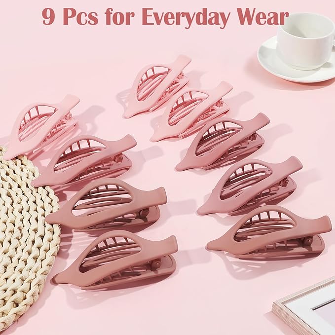 9 Pack Flat Hair Clips for Women, Matte Claw Clips for Thick & Thin Hair (Pink)