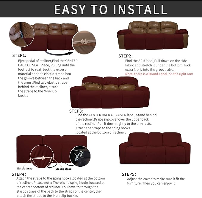 Easy-Going 8 Pieces Recliner Sofa Stretch Sofa Slipcover Sofa Cover Furniture Protector Couch Soft with Elastic Bottom Kids, Spandex Jacquard Fabric Small Checks Wine