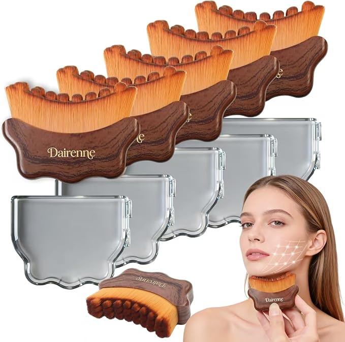 Lymphatic Contour Face Brush - Facial Sculpting & Anti-Puffiness Tool | Ultra Soft Dry Brush for Jawline Massage & Lymphatic Drainage | Ergonomic Design (Brown, 5pc)