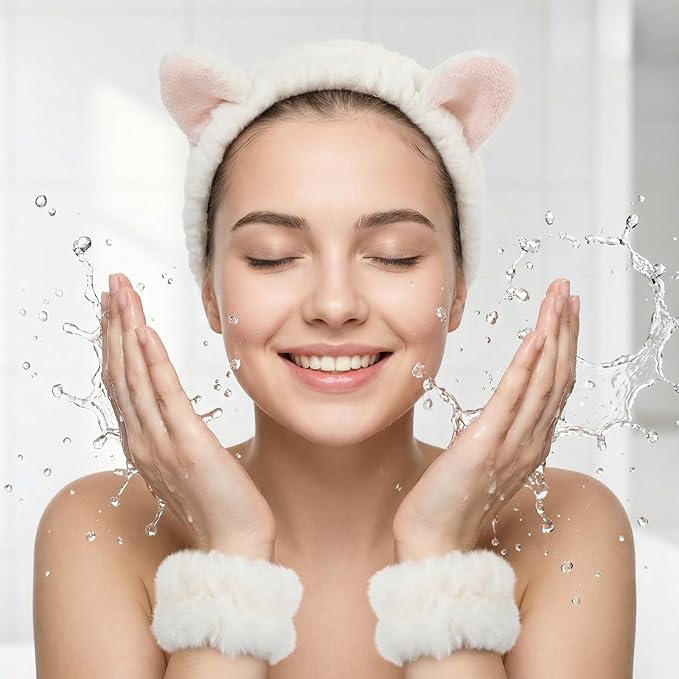 Headbands for Women, Elastic Spa Headband with 2pcs Wristband Set, Cute Plush Cat Ears Puffy Head Band Makeup Hair Band for Washing Face Skincare Yoga Facial Mask(White)