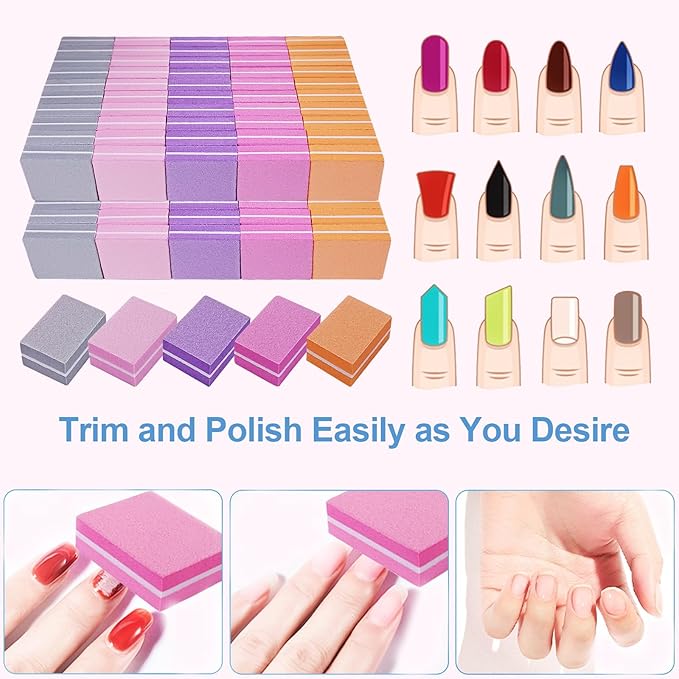 Nail Buffers (100 Pack), Mini Buffer Block Nail File for Acrylic Nails and Natural Nails, 100/180 Grit Nail Buffer Block Bulk Buffing Blocks for Nail Buff Professional Manicure File Blocks Mix Color