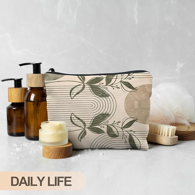 Abstract Sage Green Boho Botanical Makeup Bag, Minimalist Boho Neutral Sun Rainbow Cosmetic Bags for Women, Boho Gifts for Women, Mid Century Modern Zipper Makeup Pouch