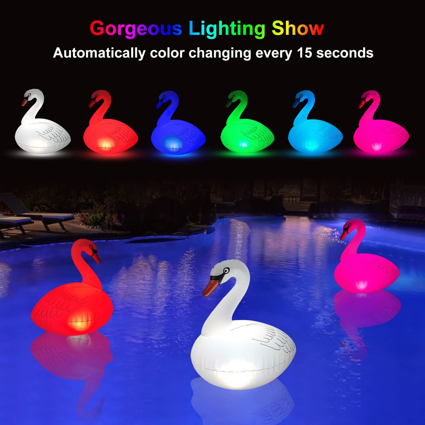 Goallim Swan Floating Solar Lights - Waterproof Inflatable Colorful Changing LED Pool Light for Beach, Garden, Backyard and more