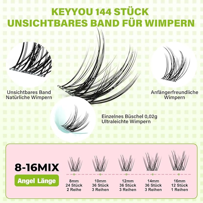 KEYYOU Fairy Angel Lash Clusters Manga Lash Extension C Curl 144Pcs Eyelash Extension Wispy Natural Invisible Band Lash with Waterproof DIY Lash Extension at Home(Angel-C-8-18MIX)