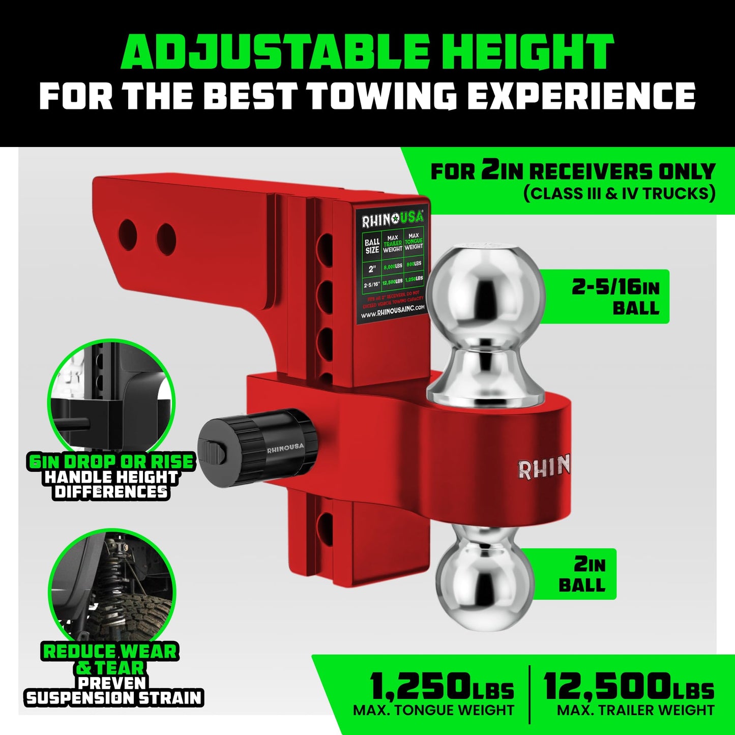 Rhino USA Adjustable Trailer Hitch (Fits 2-Inch Receiver) - Heavy Duty Aluminum Tow Hitches with 6-Inch Drop/Rise for Truck (12,500 LBS GTW) - Weatherproof Double Anti-Theft Locking Hitch Pins (Red)