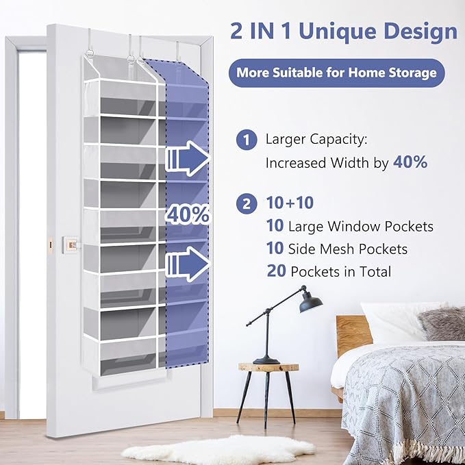 UVIAHOMI Heavy Duty Over The Door Organizer 5 Tiers, Extra Large Behind Door Storage of 10 Front & 10 Mesh Pockets, 80lb Weight Capacity, Hanging Doors Storage for Closet Bedroom Nursery, Light Gray