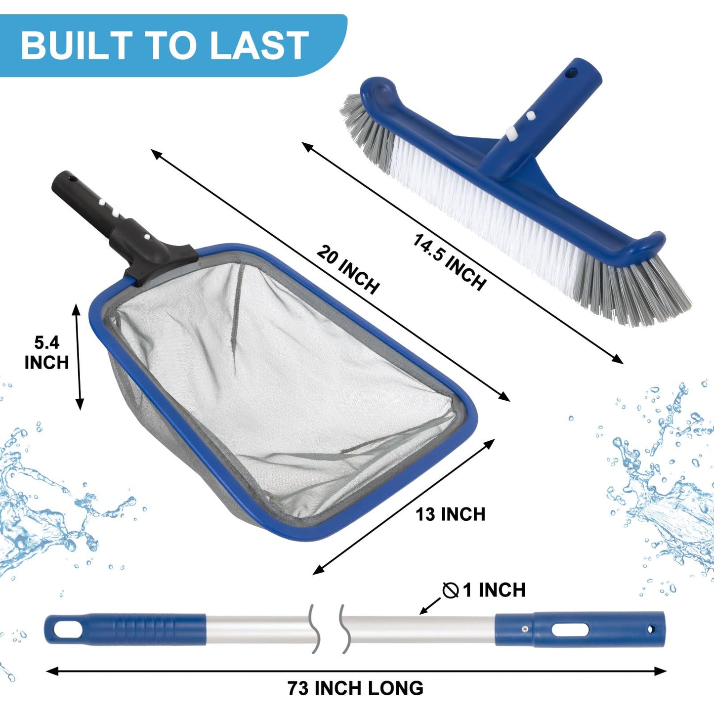 Pool Cleaning Kit, 14.5'' Pool Brush Head & Ultra Fine Mesh Pool Skimmer Net with Pole, Aluminum Frame Pool Net Skimmer & Pool Brush with Pole,Pool Net & Pool Brushes for Cleaning Pool Walls with Pole