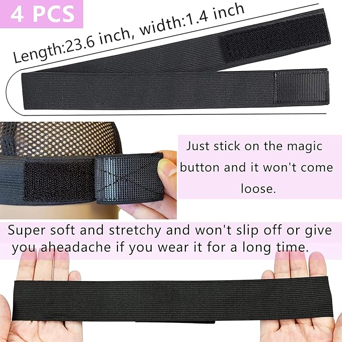 Adjustable Elastic Bands for Wigs and Lace Frontals - 4 Pcs Melt-Resistant Grip Bands, Edge Wraps to Lay Edges and Keep Wigs in Place