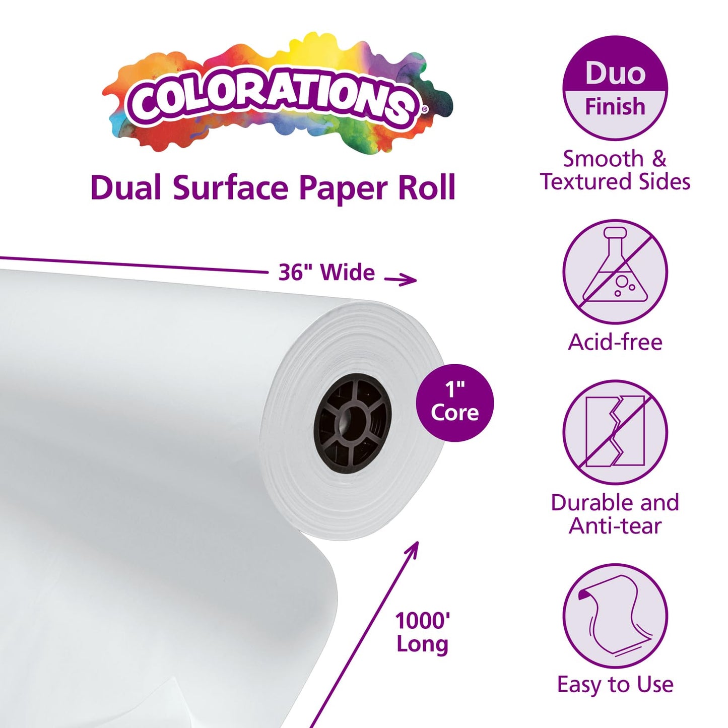Colorations Dual Surface Paper Roll Classroom Supplies for Arts and Crafts White (36" x 1000') (Item # DSWH)