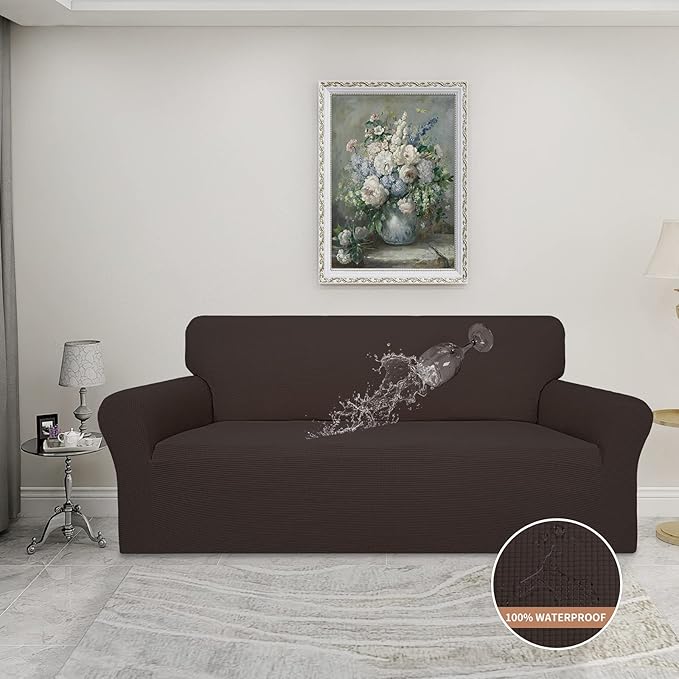 Easy-Going 100% Waterproof Couch Cover, Dual Waterproof Sofa Cover, Stretch Jacquard Sofa Slipcover, Leakproof Furniture Protector for Kids, Pets, Dog and Cat (Sofa, Chocolate)