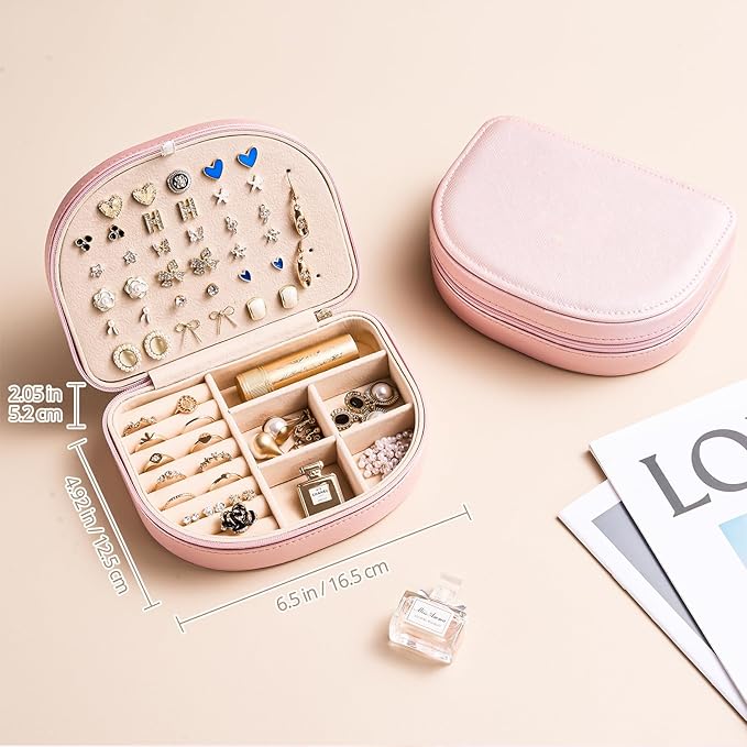 ProCase Travel Size Jewelry Box, Medium Portable Seashell-Shaped Jewelry Case, 2 Layer Jewelry Organizer in PU Leather for Women -Glossy Pink