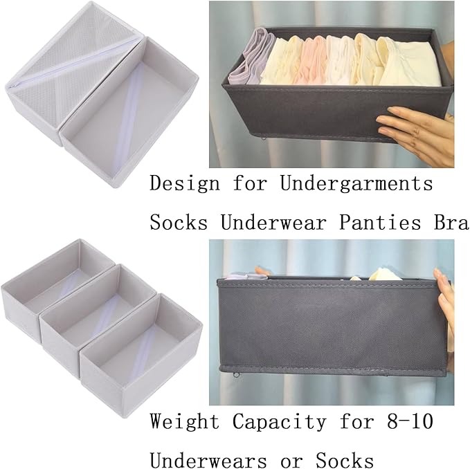 Sock Drawer Organizer 3 Pack - Collapsible Fabric Storage Bins for Underwear Divider, Small Closet Organizers with 3 Compartments, Raw White