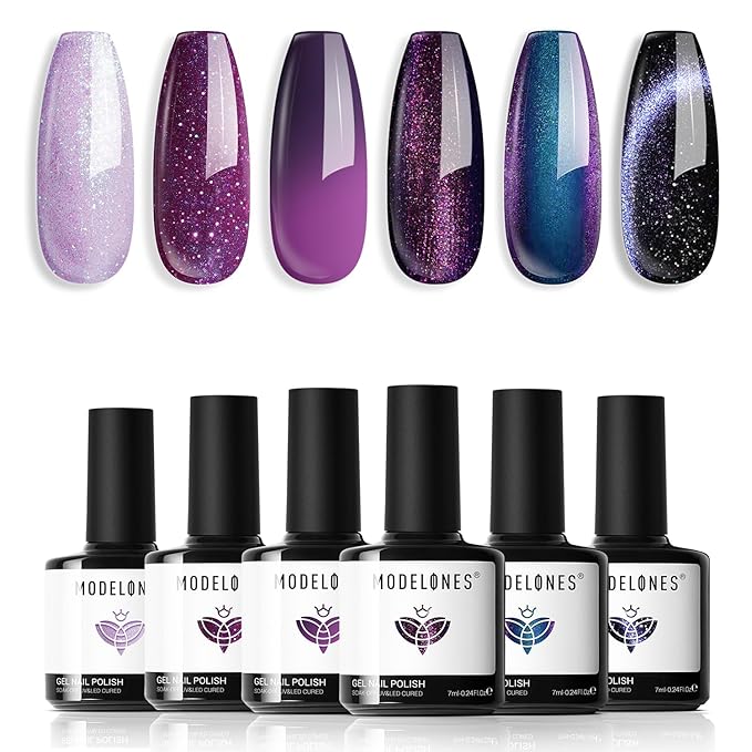 modelones Gel Nail Polish Set, 6 Colors 2026 Winter Purple-Red/Black/Blue Sparkle Chameleon Glitter Gel Polish Purple-Black Color Changing 9D Cat Eye Nail Polish With Magnet LED Nail Art DIY Gift