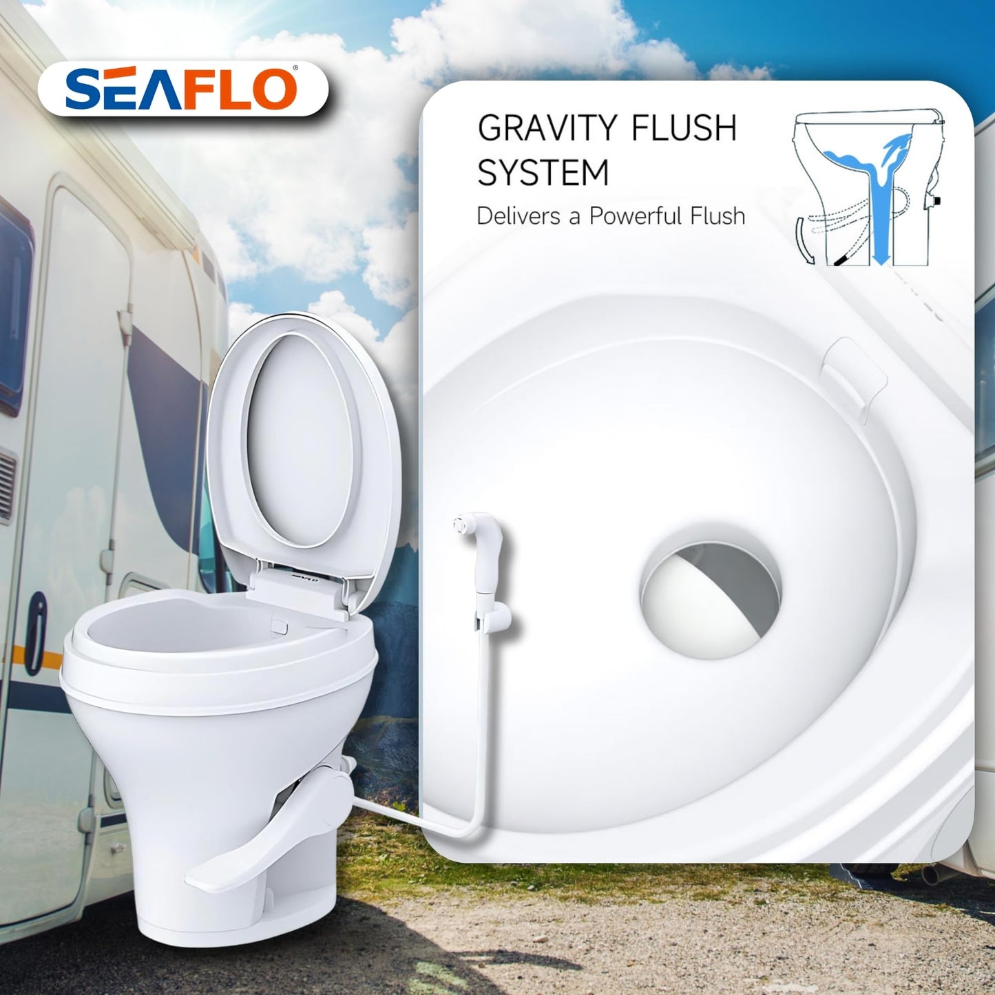 SEAFLO RV Toilet with Sprayer Attachment - White, 18.4” Residential Height, Gravity Flush Foot Pedal Camper Toilet Soft Close Seat Elongated Bowl Motorhome, 4-Year Warranty, SFRTPH-01-02