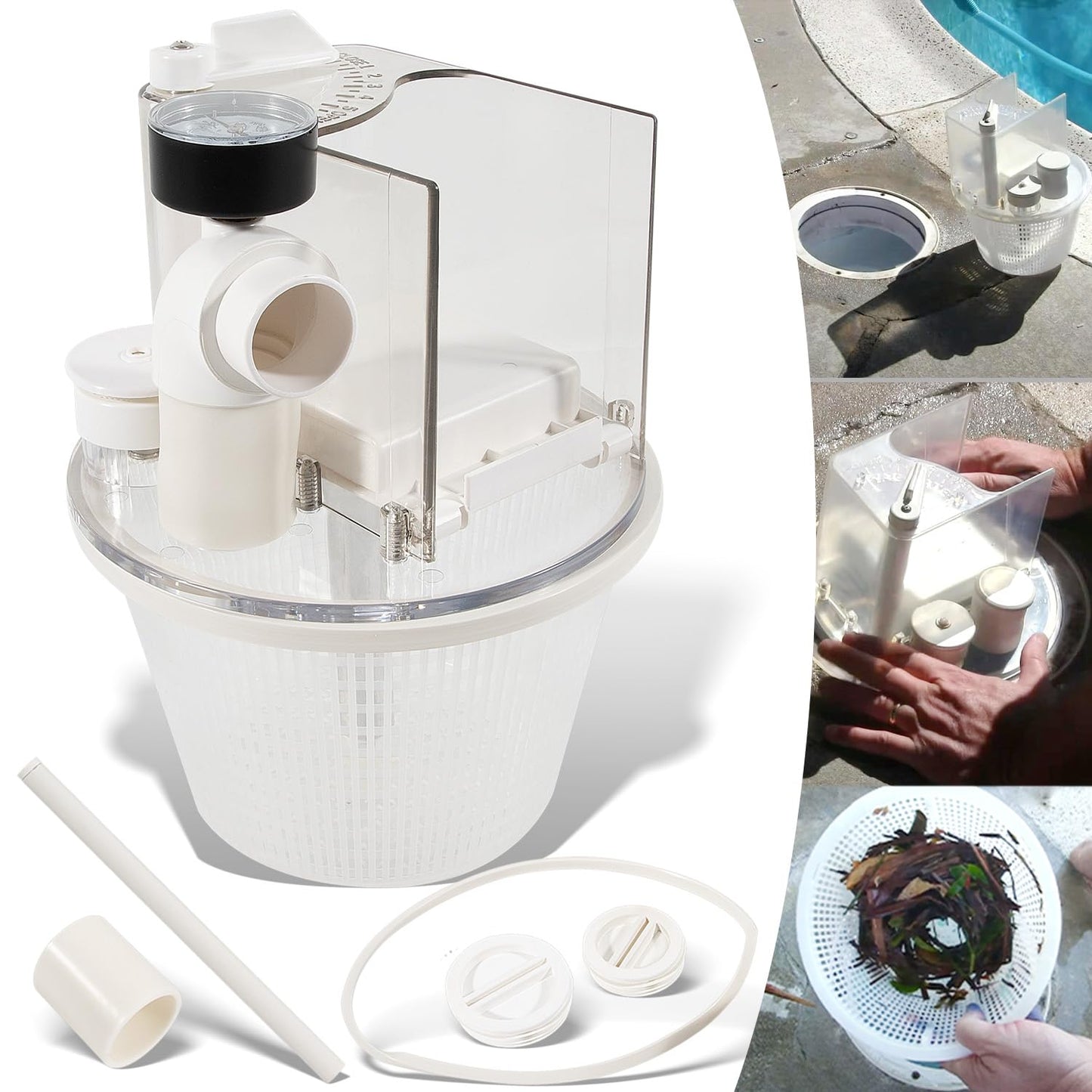 R211100 Vac-Mate Pool Cleaner Dispenser Box – Multi-Function Vacuum Skimmer Attachment – Includes Basket, Pressure Gauge & Easy Install Kit