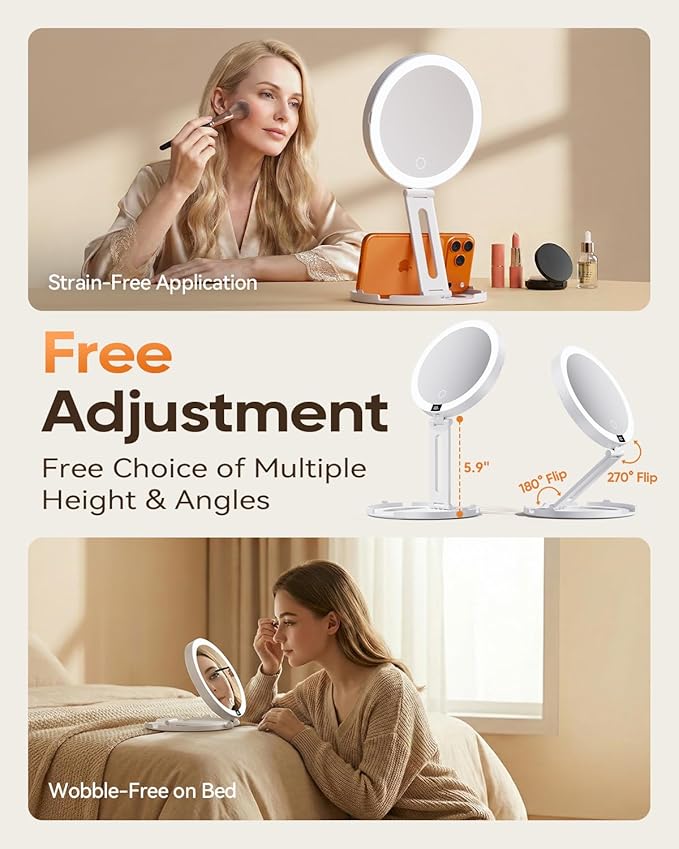 Travel Makeup Mirror with Lights (Gen 3) - 20X/1X Dual Sided Magnifying Mirror with Digital Power Display - Rechargeable, 3 Color Dimmable, CRI 95+ - Portable Folding Design