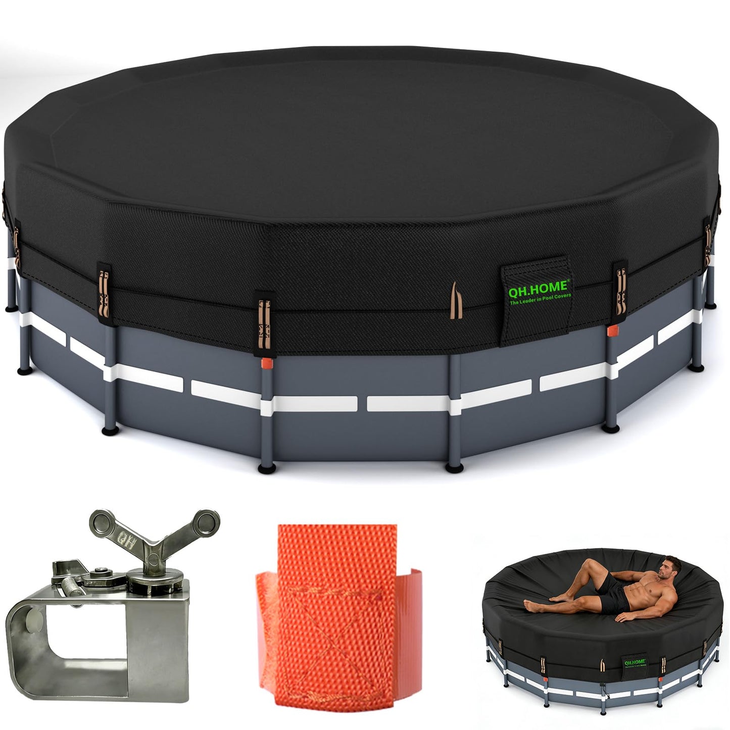 QH.HOME 550D 10 ft Pool Cover Round[Upgraded Tear Resistant & Quadruple Windproof] wth Pre-Installed Patented Winch and Rope, Pool Covers for Above Ground Pools-Snug Fit & Waterproof Protection