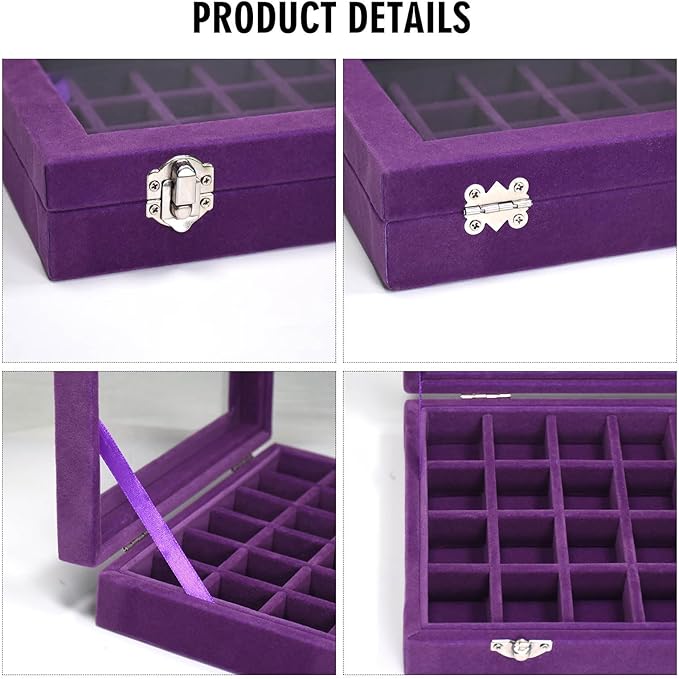 Velvet Jewelry Box 24 Grid Jewelry Ring Display Organiser Box Tray Holder Earrings Storage Case for Girls Wife Mom Women (Purple)