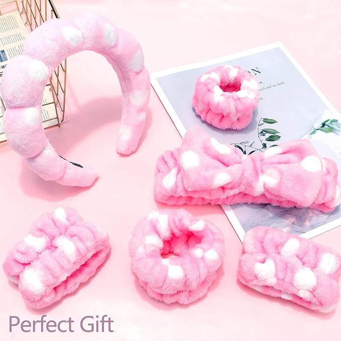 Chanaco Spa Set - Makeup, Skincare, and Face Wash Hair Band with Pink Sponge, Bow Tie Headband, and Wrist Bands for Women's Hair Accessories