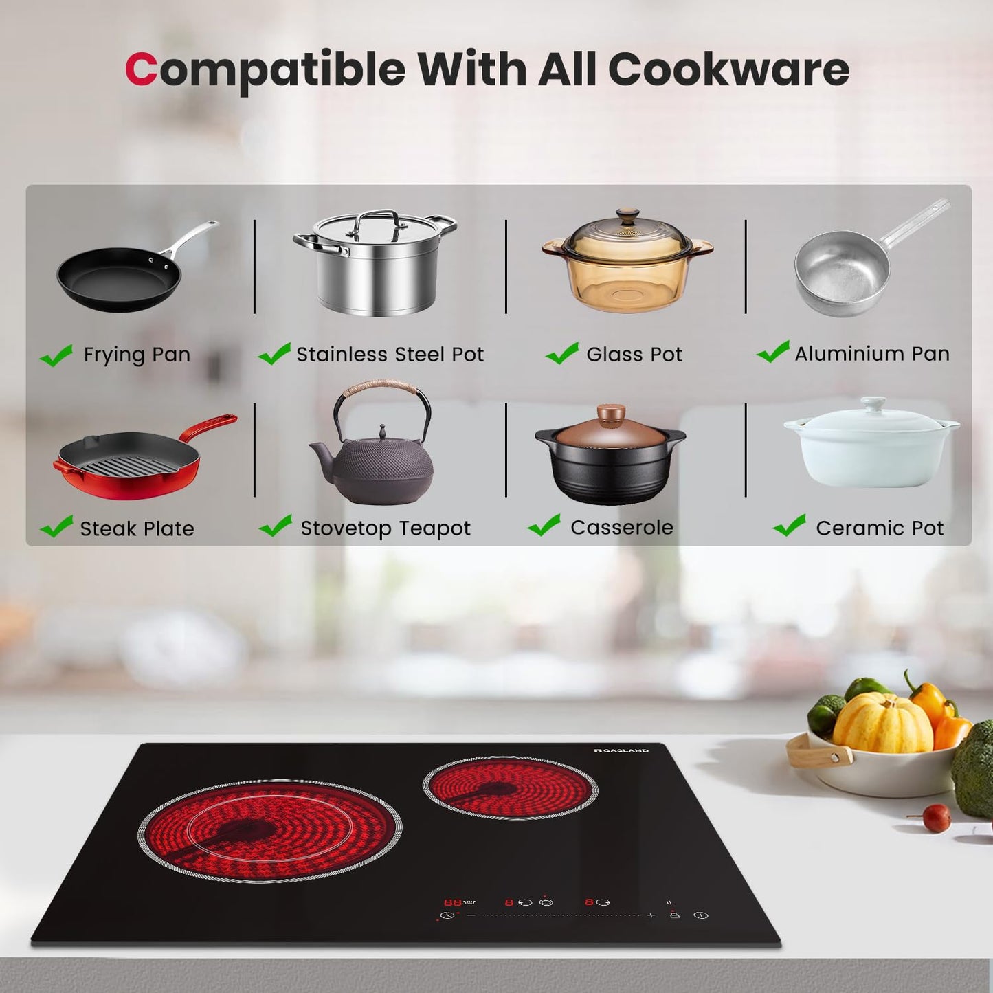 GASLAND 21 Inch Electric Cooktop for Apartment, ETL Certificated 2 Burners, 3700W Built-in Radiant Stove Top With 16 Power Levels, 240V Ceramic Stovetop, Slide Touch Control