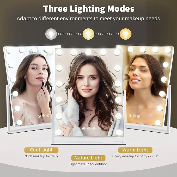 Vanity Mirror with Lights, 17'' x 13'' Lighted Makeup Mirror for Desk, Hollywood Mirror with 15 Dimmable Bulbs, 3 Color Modes, Smart Touch Control, 360°Rotation, Gifts for Girls