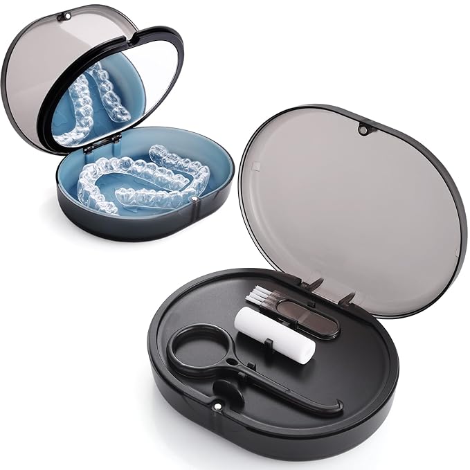 New Double-layer Retainer Storage Case with Belt Chewing,Removal Tool,Cleaning Brush,Built in Mirror Orthodontic Retainer Case