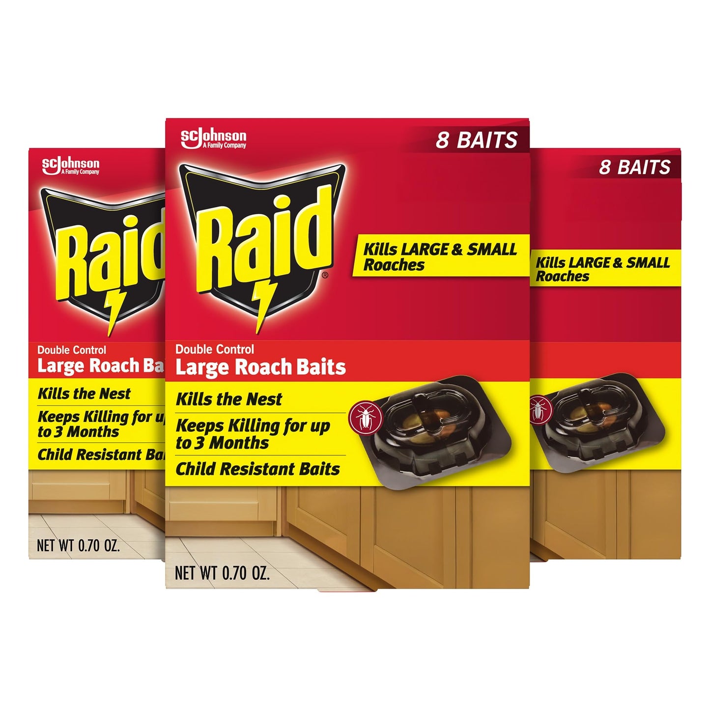 Raid Double Control Large Roach Baits for Indoor Roach Control Child Resistant Bait Stations 8 Count (Pack of 3)