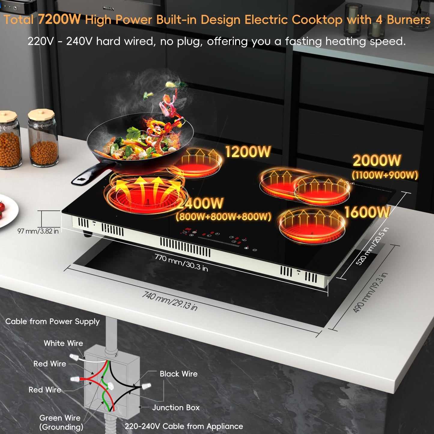Zarbaco 30 inch Electric Cooktop 4 Burner, 7200W Built-in Stove Top Burner with Sensor Touch Control, Radiant Electric Ceramic Cooktop with Safety Lock, 9 Level Power, 99 Min Timer - Hard Wire
