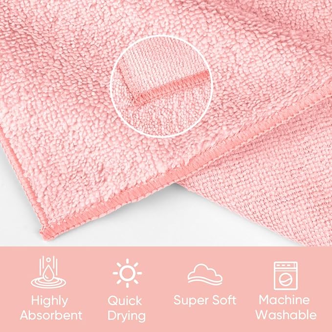 HOMEXCEL Microfiber Washcloths 12 Pack, Highly Absorbent and Soft Face Towel, Multi-Purpose Wash Cloths for Bathroom, Gym, Hotel, Spa and Kitchen, Multicolor 12x12 Inch, Pink