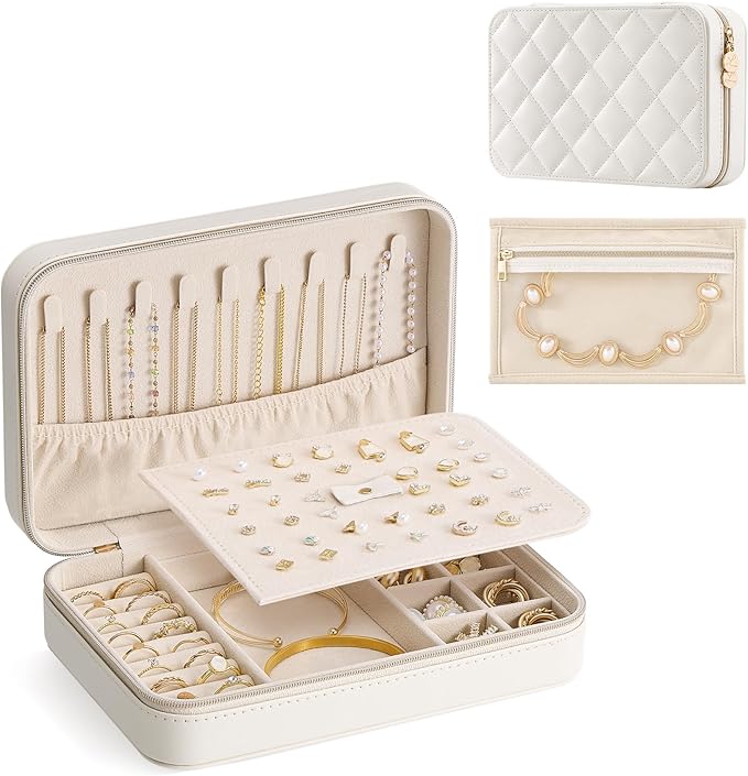 Lolalet Travel Jewelry Case for Women Girls, Travel Jewelry Organizer with Clear Storage Bag Small Portable Jewelry Box for Necklace Bracelet Earring Ring Birthday Bridesmaid Gifts -Large/Beige