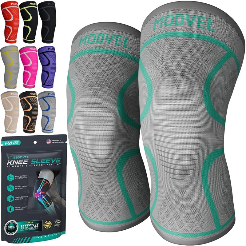 Modvel Compression Knee Brace for Women & Men - 2 Pack Knee Brace for Women Running Knee Pain, Knee Support Sleeve, Workout Sports Braces for Meniscus Tear ACL & Arthritis Pain Relief Grey/Turquoise XXX-Large