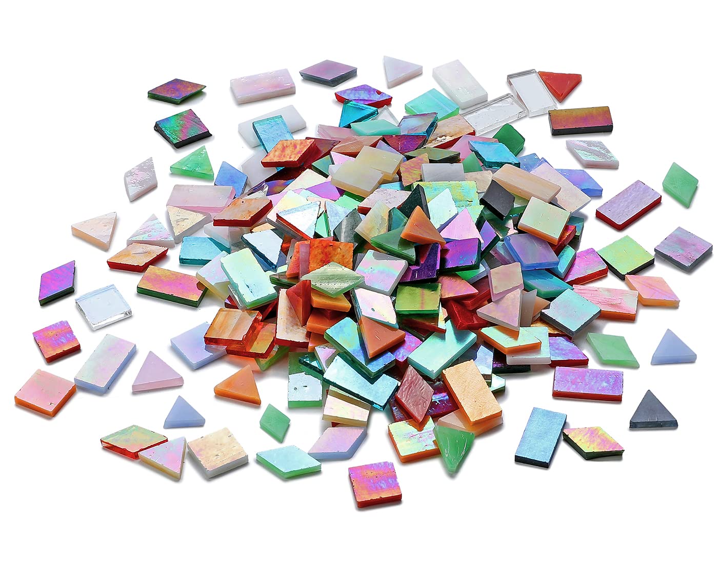 Lanyani Iridescent Glass Mosaic Tiles Bulk, 4-Shapes 700 Pieces Sparkle Iridized Stained Glass Tile for Mosaic Crafts