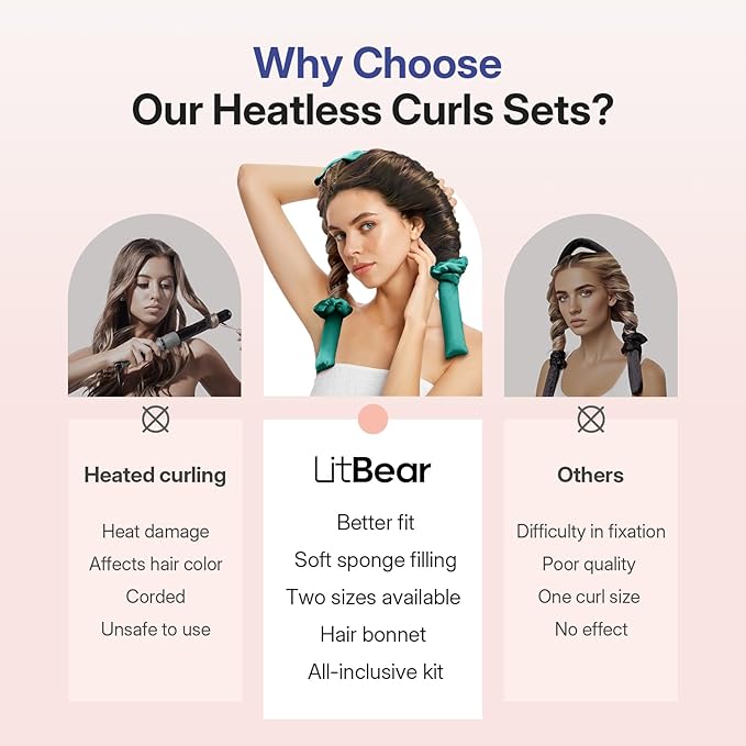 LitBear Heatless Curls Overnight, 2 Sizes of Soft Hair Rollers for Women with Bonnet to Sleep In, No Heat Hair Curlers Set with Scrunchies and Clips, for Long and Medium Hair (Green)