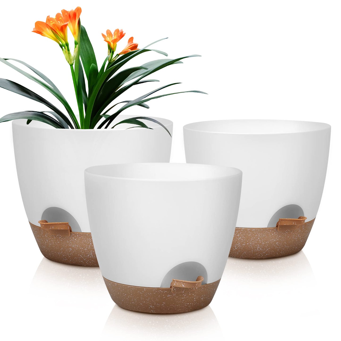 QRRICA Plant Pots 10/9/8 Inch Self Watering Pots, Set of 3 Plastic Planters with Drainage Holes and Saucers,Plastic Flower Pots,Nursery Planting Pot for Indoor Out Door Plantsï¼Whiteï¼