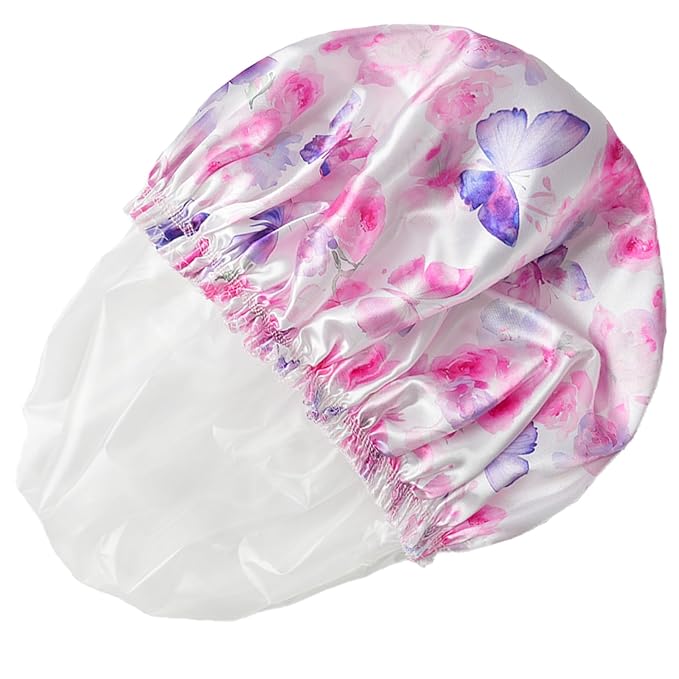 4 PCS Shower Cap for Women, Elastic and Reusable Bath Caps, Double Layers Shower Caps Reusable Waterproof, Bathing Shower Caps, Environmental Bath Hair Protection Cap - Butterfly C