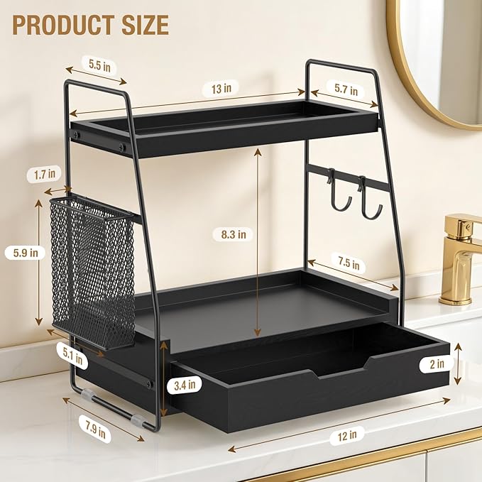 2-Tier Bathroom Counter Organizer with Drawer & Removable Basket, Wood & Metal Vanity Organizer for Skincare, Makeup, Perfume, Toiletries, Small Bathroom Counter Shelf, 13'' Black