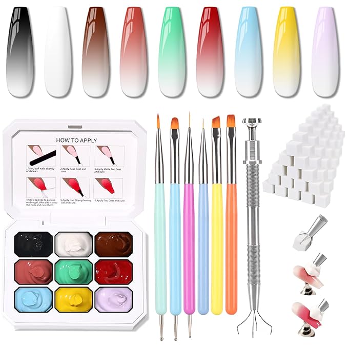Christmas Gel Polish, 9 Colors Ombre Patting Gel Nail Polish Palette 100 Sponges 6 Brushes 1Grabber, Blending Color Gradient Painting Nails Art, No Wipe, UV/LED Cured (Set 03)