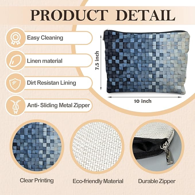 Modern Blue Checkered Makeup Bag, Blue and White Mosaic Checkered Cosmetic Bags for Women, Trendy Preppy Zipper Makeup Pouch