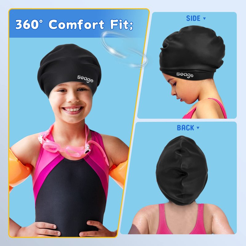 Seago Kids Swim Cap for Girls Boys Long Hair Swimming Cap for Kids 6-14 Youth Extra Large Swim Cap for Braids and Dreadlocks Waterproof Pool Silicone Bathing Swimming Caps that Keep Hair Dry